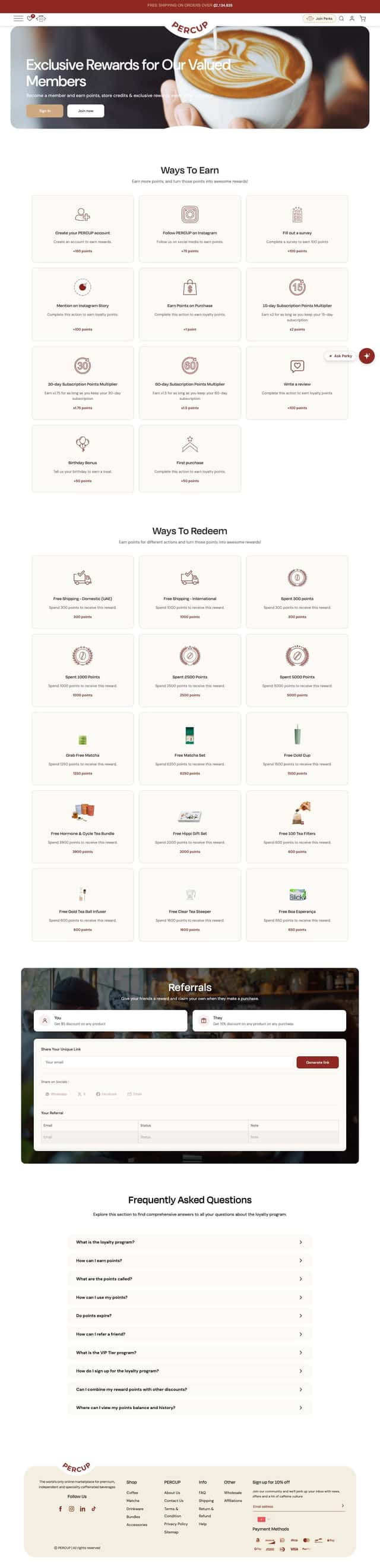 PERCUP loyalty page