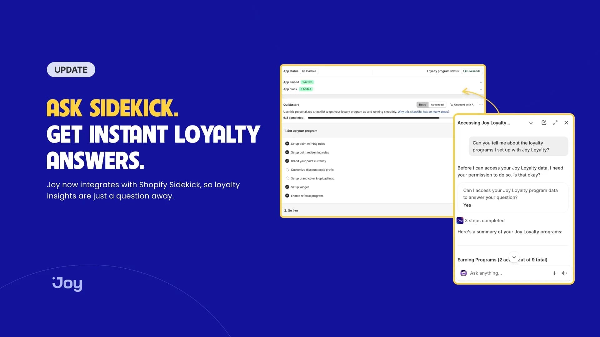 Joy now works inside Shopify Sidekick: ask your loyalty program anything