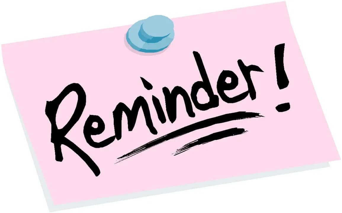A pink sticky note held by a blue pushpin, with the word 'Reminder!' handwritten in bold black brush lettering and underlined