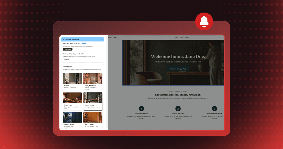 Joy loyalty page editor with an AI design panel and starting presets beside a live page preview