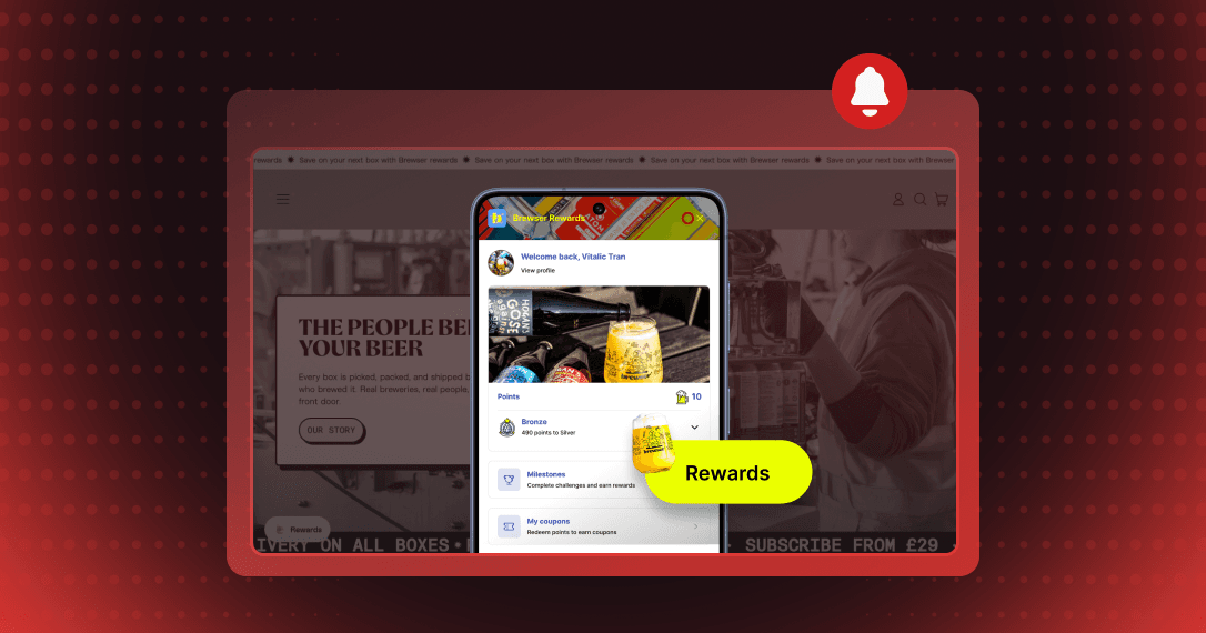 Joy loyalty widget on a phone, styled to match the beer store website behind it