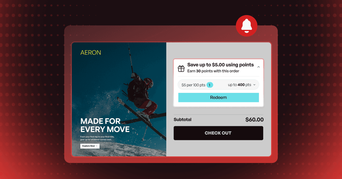 Storefront cart drawer with a Joy points redemption box above the subtotal and checkout button