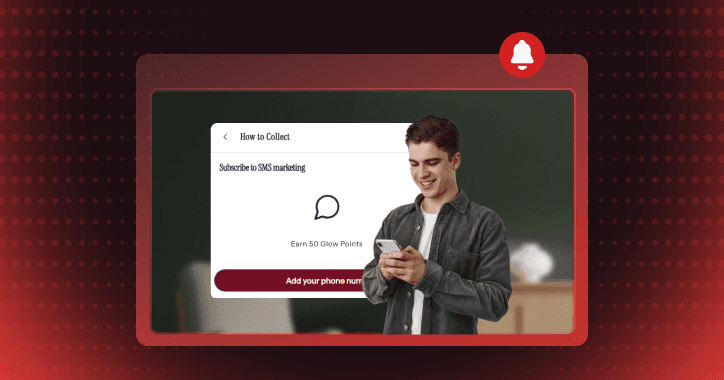Shopper on his phone beside a loyalty screen that rewards points for subscribing to SMS marketing