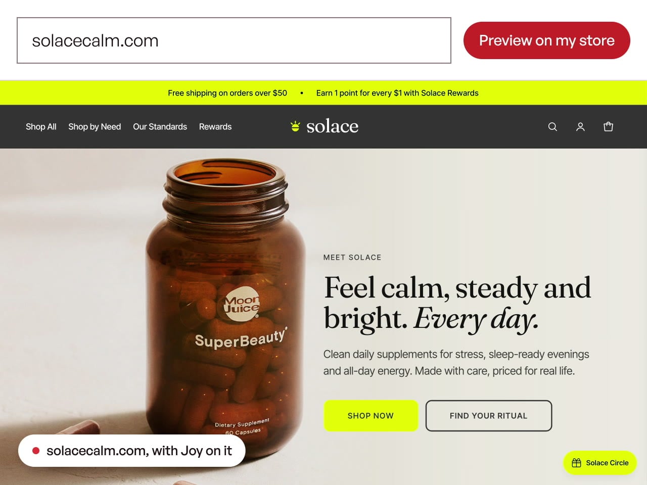 Solace, a demo supplements store, with the Joy rewards launcher, from a Joy preview of solacecalm.com