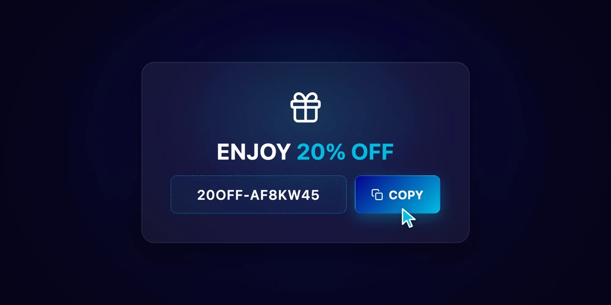 Referral code copy widget showing a 20 percent off code with a copy button