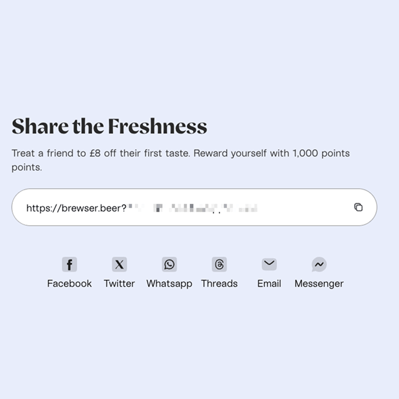Brewser's referral page — copy a personal link or share it over Facebook, X, WhatsApp, Threads, Email, and Messenger