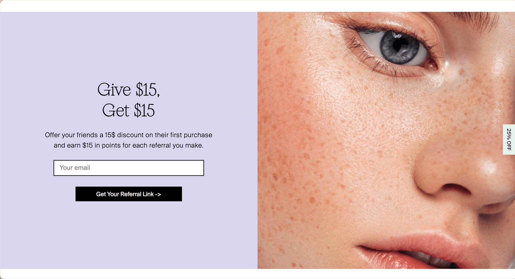 Off We Glow branded referral page on desktop inviting customers to share and earn rewards