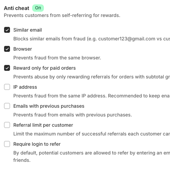 Joy's Anti cheat settings — similar-email blocking, browser checks, IP monitoring, and paid-order-only rewards