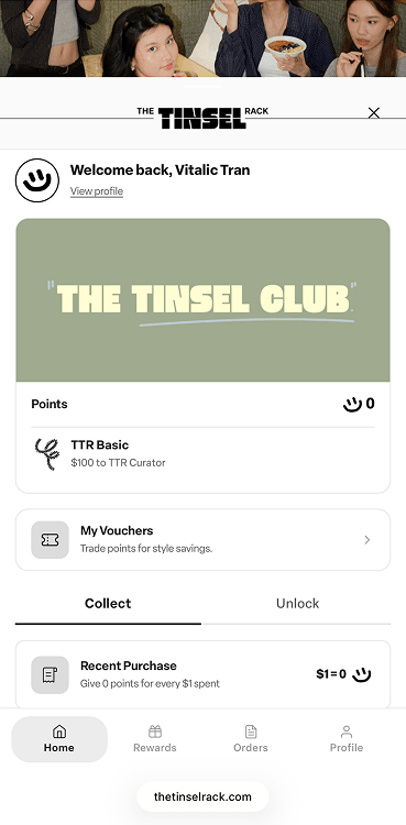 The Tinsel Rack's loyalty widget on a phone