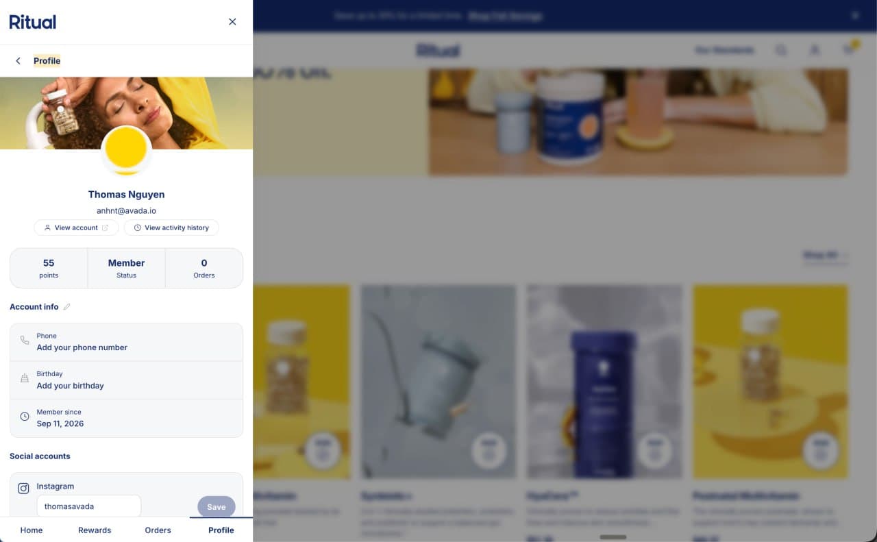 Member profile with points, membership status and account details, on a Shopify development clone built with Ritual’s public storefront assets, not Ritual production