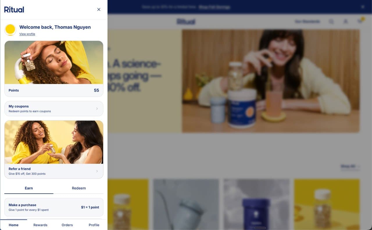 Rewards home with points, coupons and a referral offer on the same demo loyalty program, on a Shopify development clone built with Ritual’s public storefront assets, not Ritual production