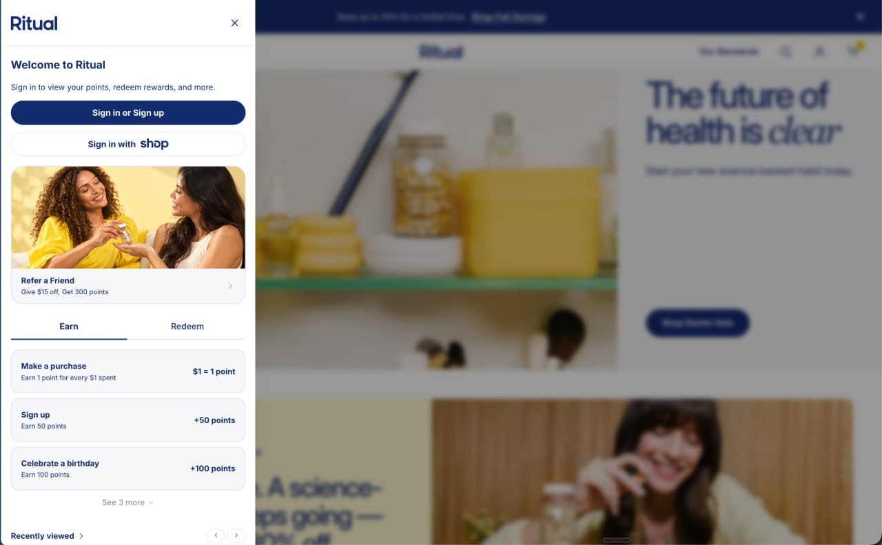 Sign-in panel with earning rules and a referral offer, on a Shopify development clone built with Ritual’s public storefront assets, not Ritual production