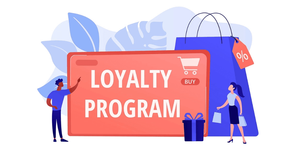Two shoppers beside a giant loyalty program card, a gift box and a discounted shopping bag