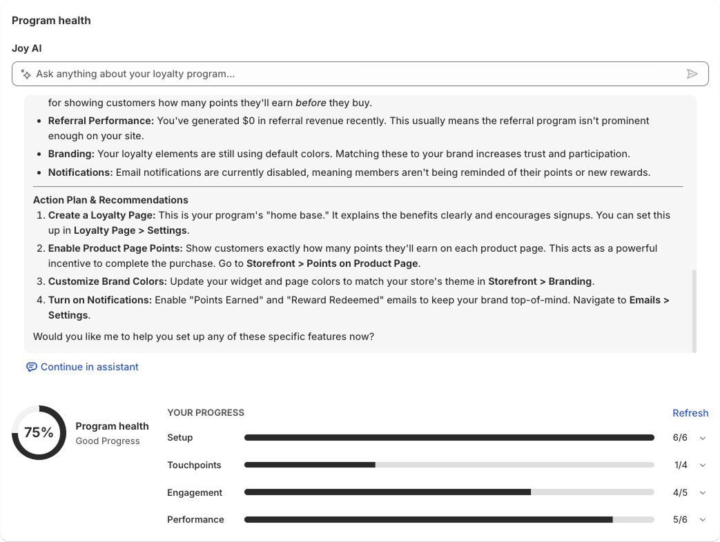 Joy Program Health — 75% score with Setup, Touchpoints, Engagement, and Performance progress bars and a ranked action plan