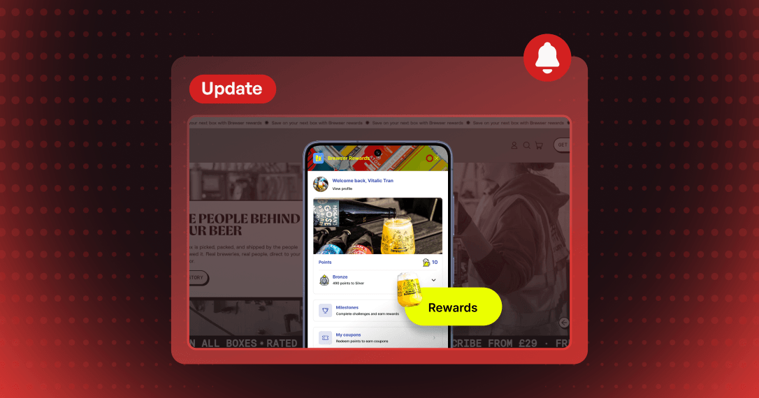 Joy Update card: a storefront being scanned, its colors carried over to a loyalty widget restyled to match