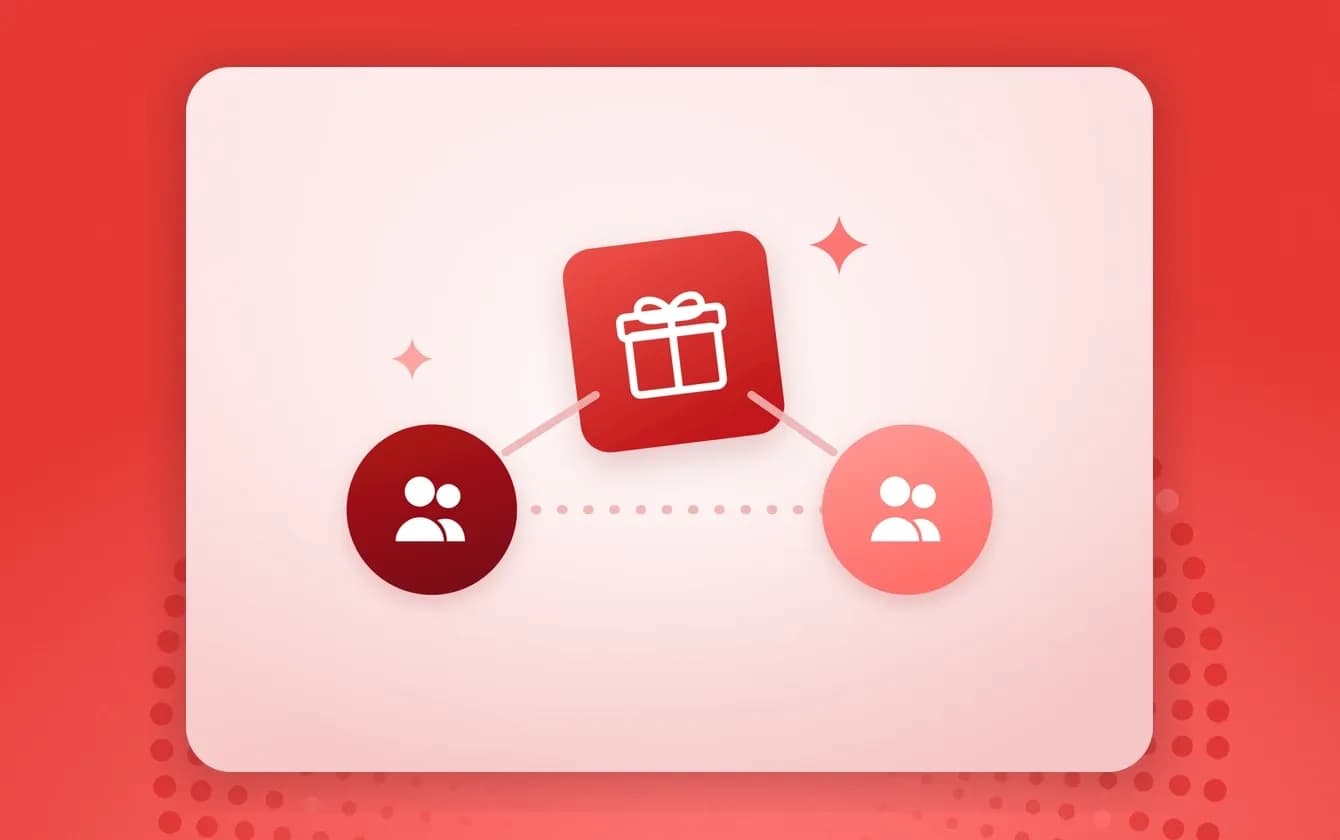 Two customers connected by a dotted line with a gift passing between them