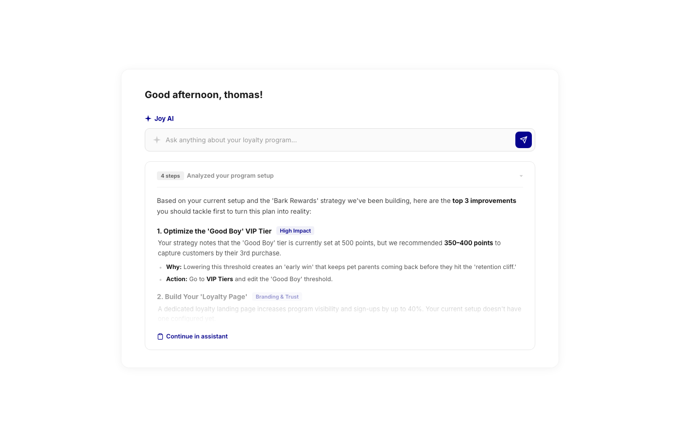 Joy inline AI — contextual recommendations referencing Canvas strategy with top improvements