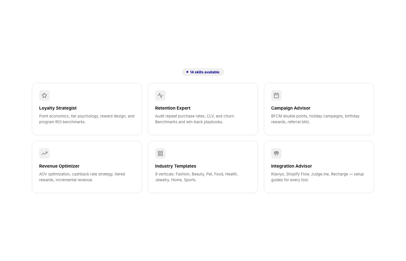 Joy AI expert skills — loyalty strategist, retention expert, campaign advisor, industry templates