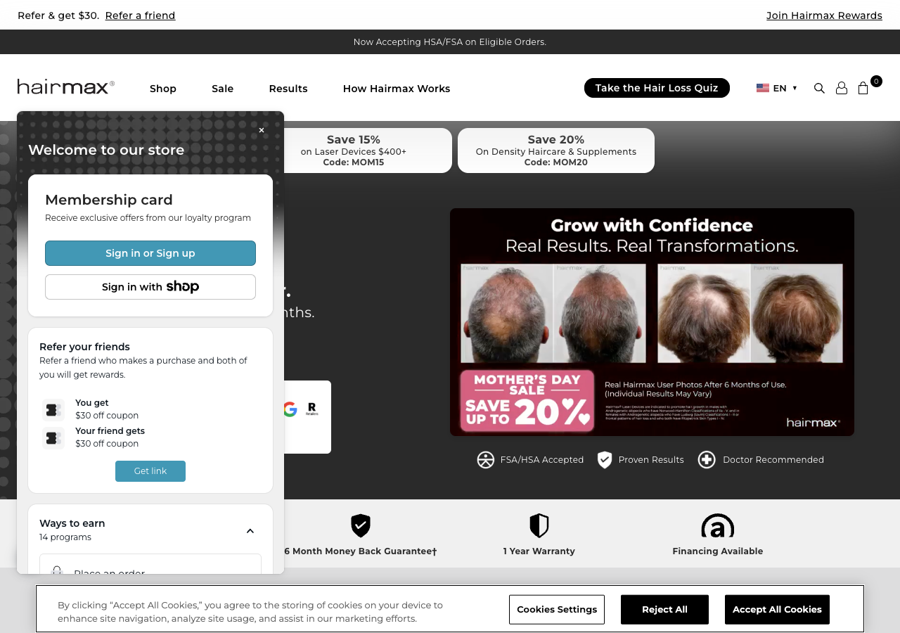 Joy loyalty widget open on hairmax.com
